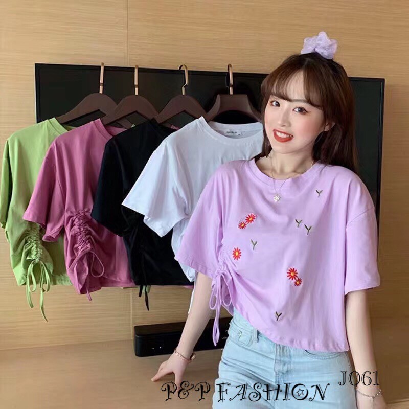 (ปักดอกไม้)เสื้อครอปทรงโอเวอร์ไซส์ สไตล์เกาหลี แขนสั้น. (J061)