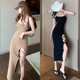 Womens Sexy Dress Fashion Sexy Split Bandage Solid Colour Slim Sleeveless Sling Long Dresses