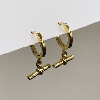 Slim Bamboo Bar Huggies, 18K Gold Plated Sterling Silver Earrings E0113 | เงินแท้ 925 ชุบทองเเท้ 18 กะรัต