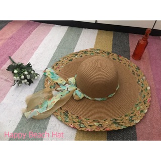 หมวกปีกสาน Happy Beach Hat สีน้ำตาล ตกแต่งโบว์