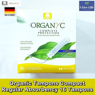 ผ้าอนามัยแบบสอด 16 ชิ้น ออแกนิก Organic Tampons Compact Regular Absorbency 16 Tampons - Organyc สำหรับวันมาน้อย ขนาดเล็ก