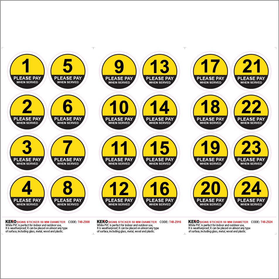 TABLE NUMBER PLEASE PAY WHEN SERVED สติ๊กเกอร์พร้อม MATT LAMINATE 1 ถึง 24, 48MM dia