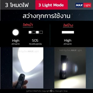 MaxLight ไฟฉาย สว่าง (พร้อมซองเกรดA) รุ่น W8 สว่าง 3 ระดับปรับ Zoom ได้ มีไฟหน้าและไฟข้าง ชาร์จ USB พกพาง่าย ไฟฉุกเฉิน