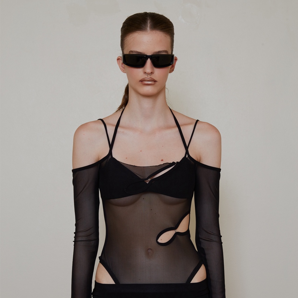 BLACKDOG BKK - dnd22012 - Black Ashley bodysuit-บอดี้สูทสีดำตัดต่อผ้าตาข่ายซีทรูมีบราข้างใน