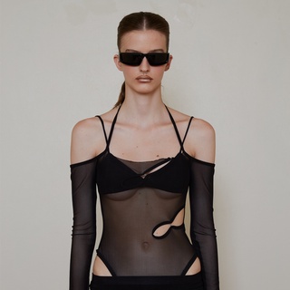 BLACKDOG BKK - dnd22012 - Black  Ashley bodysuit-บอดี้สูทสีดำตัดต่อผ้าตาข่ายซีทรูมีบราข้างใน
