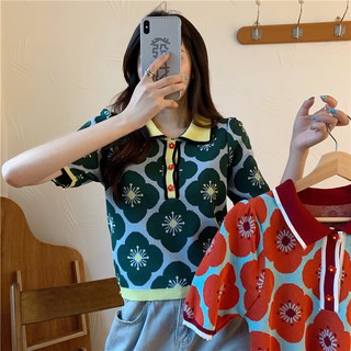 Cici(NO.Y2153/C486)เสื้อโปโลไหมพรมแขนสั้น ลายดอกไม้ กระดุมมุกแกะได้จริง งานสวยดูดี