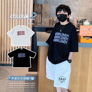 [ผ้าฝ้ายแท้ 100%] เสื้อยืดแขนสั้น ผ้าฝ้ายแท้ พิมพ์ลายตัวอักษร แฟชั่นฤดูร้อน สําหรับเด็กผู้ชาย