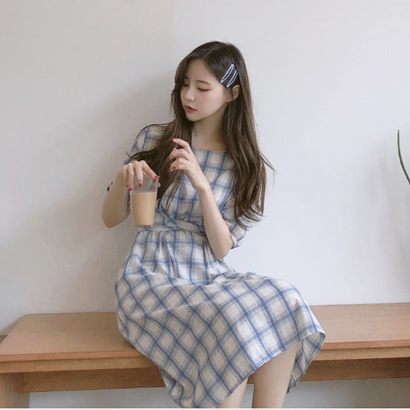 Suxi ชุดเดรสสั้น ลายสก๊อต ผูกเชือก สไตล์เกาหลี วินเทจ