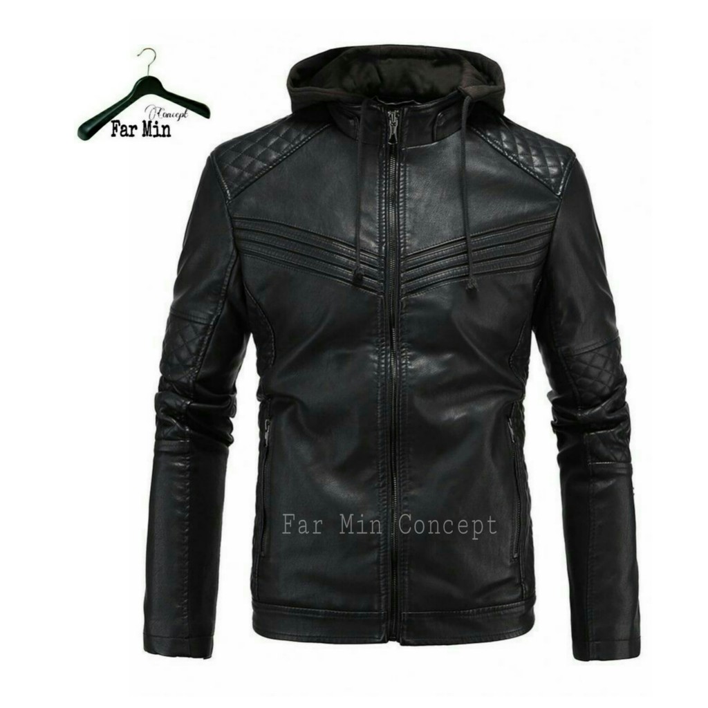 Far Min Concept leather Hoodie.Semi leather Jacket.Mens Synthetic leather Jacket.Biker
