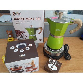 Mokapot 6cup เซตพร้อมใช้งาน ได้ หม้อต้มกาแฟสด​6cup ZBOSS, กระดาษกรอง, เตาฮอทเพทไฟฟ้า 500วัตต์