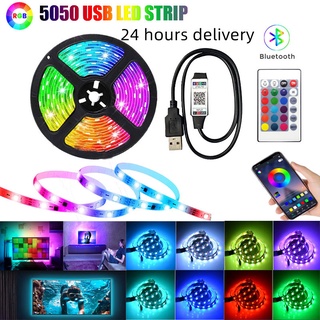 แถบไฟ LED RGB SMD 5050 บลูทูธ 24 คีย์ พาวเวอร์ซัพพลาย USB ตกแต่งผนังห้อง A+11