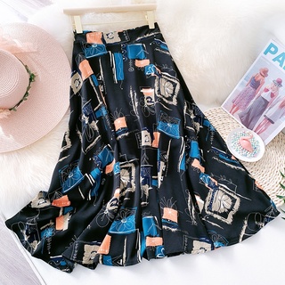 Hand painted style printed skirt 2021 summer high waist retro slim swing skirt silky Chiffon Skirt