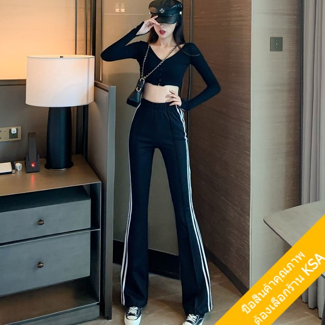 KSA พร้อมส่ง กางเกงขาม้าเอวสูงผู้หญิง เอวสูงยางยืด สไตล์เกาหลี  กางเกงขายาวผู้หญิงใส่สบาย สีดำ กีฬาขากว้าง  ทรงหลวม xxl - รูปที่ 4