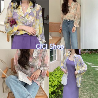 Cicishop(พร้อมส่ง)เสื้อเชิ้ตชีฟองลายดอกไม้ สไตล์วินเทจ🌸  (928-3)