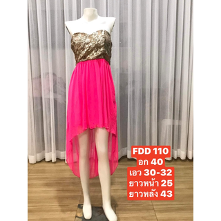 FDD 110 ชุดราตรีสั้น เกาะอก หน้าสั้นหลังยาว สีชมพู ผ้าชึฟองหน้าอกปักคริสตัล พร้อมส่ง