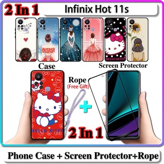 2 IN 1 เคส Infinix Hot 11s พร้อมกระจกนิรภัยกันรอยหน้าจอโค้งเซรามิค สําหรับเด็กผู้หญิง และคิตตี้