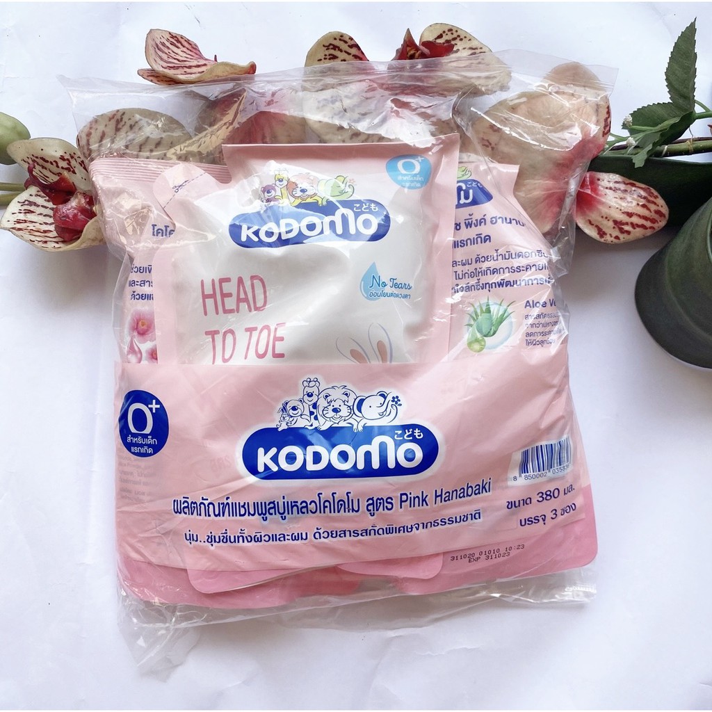 หมดอายุ 09/26 ขนาด 380 ml. แบบเติม 3 ถุง Kodomo Head To Toe Wash โคโดโมะ แชมพูสบู่เหลว สีขมพู Pink Hanabaki
