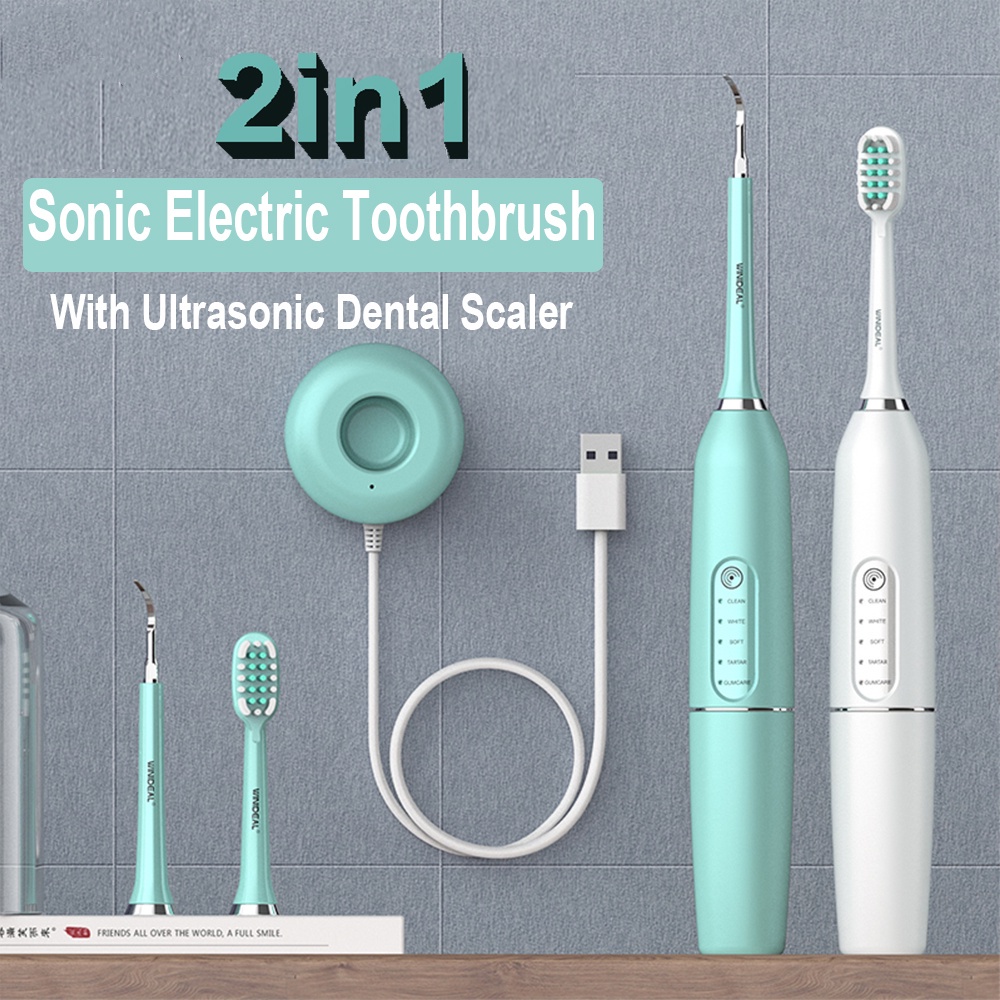 แปรงสีฟันไฟฟ้าอัลตราโซนิก 2 In 1 แบบชาร์จ USB ปรับความเร็วได้ห้าระดับ