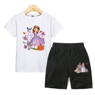 ปริ๊นเซโซเฟียเสื้อผ้า เสื้อยืดเด็กผู้หญิง+กางเกงขาสั้นพิมพ์ Sofia girls clothes