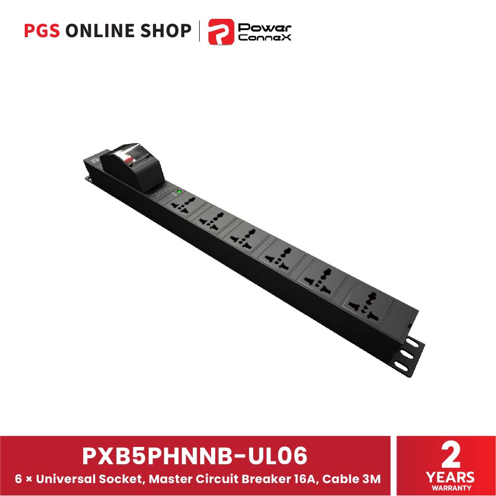 PowerConnex ปลั๊กไฟ รุ่น PXB5PHNNB-UL06 เต้าเสียบ Universal จำนวน 6 ช่อง พร้อม Master Circuit Breaker ป้องกันกระแสไฟเกิน