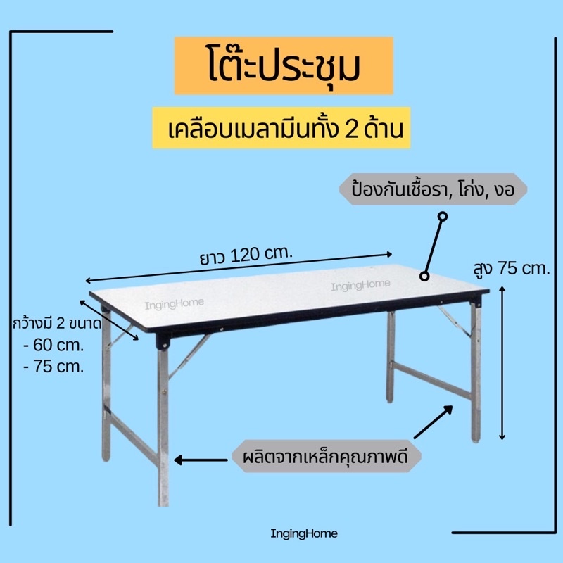 แพคกันกระแทกอย่างดี โต๊ะประชุม โต๊ะพับอเนกประสงค์ ขาว หน้าเมลามีน2ด้าน (ล็อตใหม่คิ้วขอบขาว) ขนาด 60x120x75 , 75x120x75