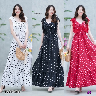 17499 แม็กซี่เดรสไหล่ระบายลายหัวใจ Off shoulder maxi dress with heart print