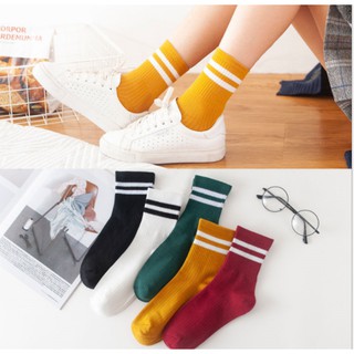 *5 คู่* ถุงเท้าข้อยาว Old school socks แฟชั่นเกาหลี ลายตัวอักษรและลายทาง   เซ็ต 5 สีพาสเทล ผ้าดีใส่สบาย