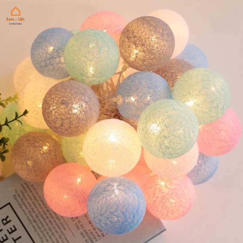 สายไฟหิ่งห้อย LED 20 ดวง ผ้าฝ้าย ทรงลูกบอล อบอุ่น สไตล์โรแมนติก สําหรับตกแต่งปาร์ตี้คริสต์มาส งานแต่งงาน ห้องเด็ก