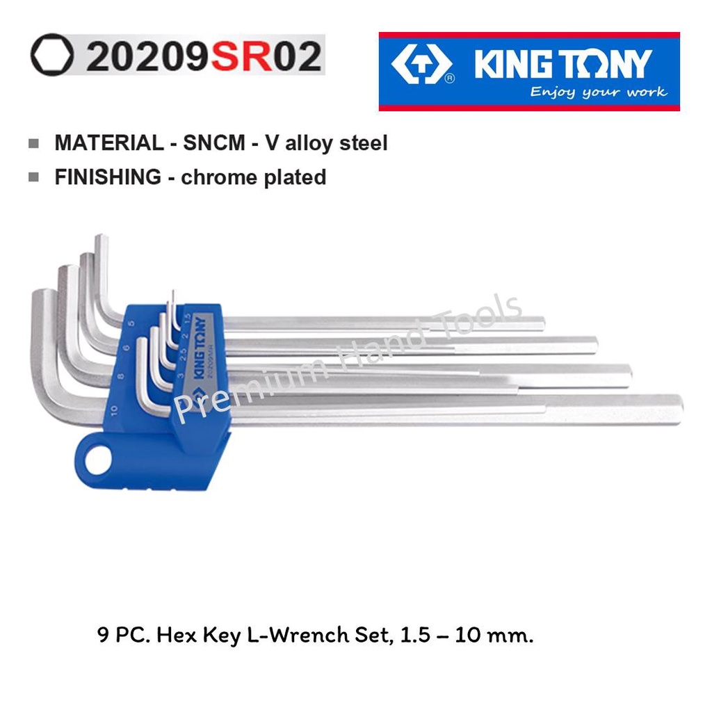KING TONY ชุดประแจ L หกเหลี่ยม หัวตัด ขาว ยาว นิ้ว ขนาด 1/16" - 3/8" รุ่น KING TONY 20209SR02 (9 ตัว/ชุด)