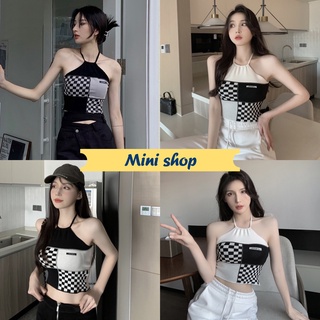 Mini shop🌸พร้อมส่ง🌸 (6892) เสื้อคล้องคอไหมพรม เซ็กซี่น่ารักๆเท่ๆลายตารางสีสวย