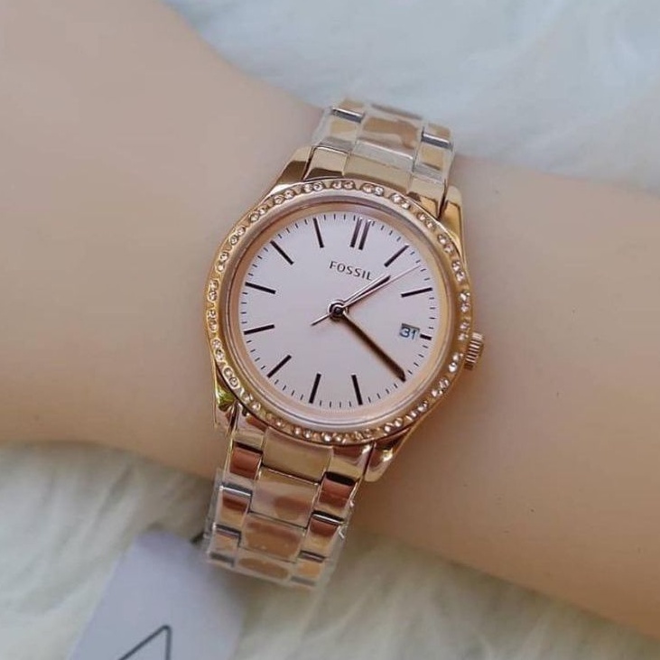 🎀 A นาฬิกาสี Rosegold หน้าปัดขาว ล้อมคริสตัล 34 มิล BQ3374 FOSSIL Women's Adalyn Stainless Steel Dress Quartz Watch