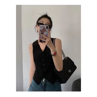 ส่งทันที Cici(NO. 2247)TankTop🪄 เสื้อเบลเซอร์แขนกุดคอวี ดีเทลกระดุมผ่ากลางสไตล์วินเทจเกาหลี