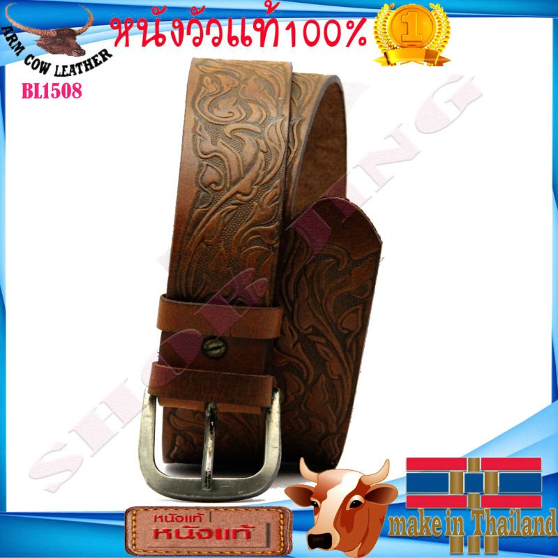 เข็มขัดหนังน้ำมัน1.5นิ้วหนังวัวแท้อัด-ตอกลายหนังBL1508 เข็มขัดชายหนังแท้ สไตล์วินเทจ คาวบอย