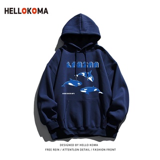 เสื้อคู่ เสื้อคู่ชายหญิง ✥สวัสดี Koma Guo น้ำฮิปฮอปสีฟ้าปลาวาฬแขนยาวเสื้อกันหนาวเสื้อหญิงคู่ร้อยหลวมบน❂