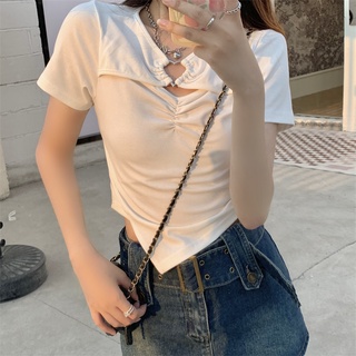 Suxi เสื้อยืดแขนสั้นลําลอง เข้ารูป สีพื้น แบบเรียบง่าย แฟชั่นฤดูร้อน สําหรับผู้หญิง