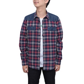 BOVYJNS-เสื้อเชิ้ตสก๊อตแขนยาวสก๊อตแดงแชมเบรย์ MEN TURQUIOSE RED AND BLUE SCOTT LONGSLEEVED SHIRT - BBS3768