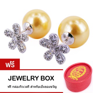 Tips Gallery ต่างหูเงิน 925 ประดับด้วยมุกแท้ ไข่มุกเปลือกหอย สีทอง Gold Fresh Water Pearl Daisy Le Pearl Design Earring