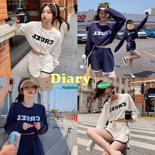 Diary(6298)ชุดเซ็ท เสื้อแขนยาว+กางเกงขาสั้น เอวยืด ลายสกรีมอังกฤษ oversize