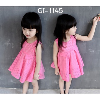 ชุดเดรสเด็กผู้หญิง สีชมพูบานเย็น  แขนกุด แต่งกระเป๋า GI1145