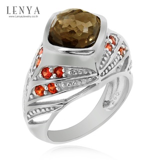 Lenya Jewelry แหวนประดับพลอยสโมคกี้ควอทซ์ (Smoky Quartz) เม็ดโต ตัวเรือนเงินแท้ชุบทองคำขาว