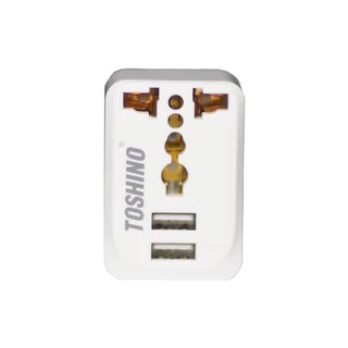 Toshino ปลั๊กแปลงขา 2USB 2.1A รุ่น PU-E Travel Adapter ไม่ลามไฟ รองรับไฟสูงถึง 2300W เต้ารับ Universal