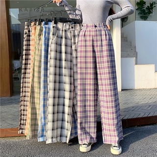 Women Korean Fashion Plaid Wide-Leg Pants Loose Plus Size Straight Pants Casual Trousers