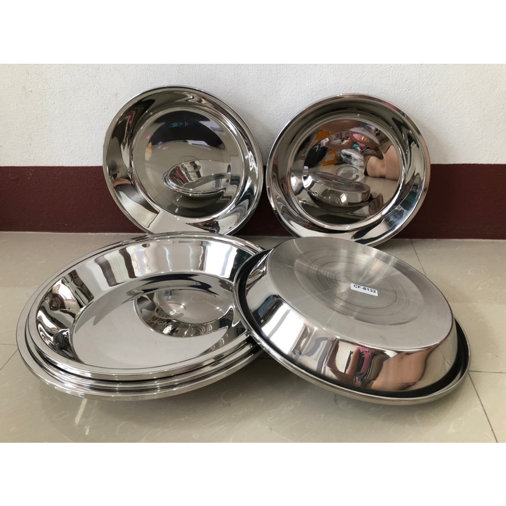 ถาดสแตนเลส ถาดเสริฟ ถาดใส่อาหาร (สแตนเลสเกรด304ไม่ขึ้นสนิม)(หนามาก ทรงลึก)ขนาด 30/32/34/36/38 ซม.(ตราTK)