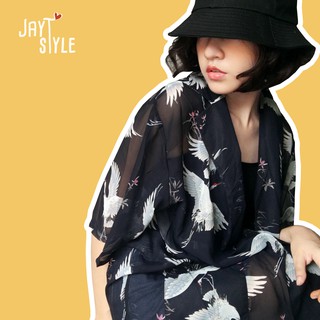 J16 เสื้อคลุมตัวยาวลายนกกระเรียน