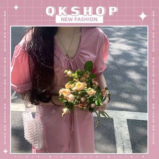 QKshop มินิเดรสสีพื้น💘 แต่งแขนตุ๊กตา🌸 สีสวยละมุนสุดๆ ห้ามพลาดนะสาว😍ผูกโบว์หน้า🤩 ผ้าไม่หนาไม่บาง ใส่สบาย🌼