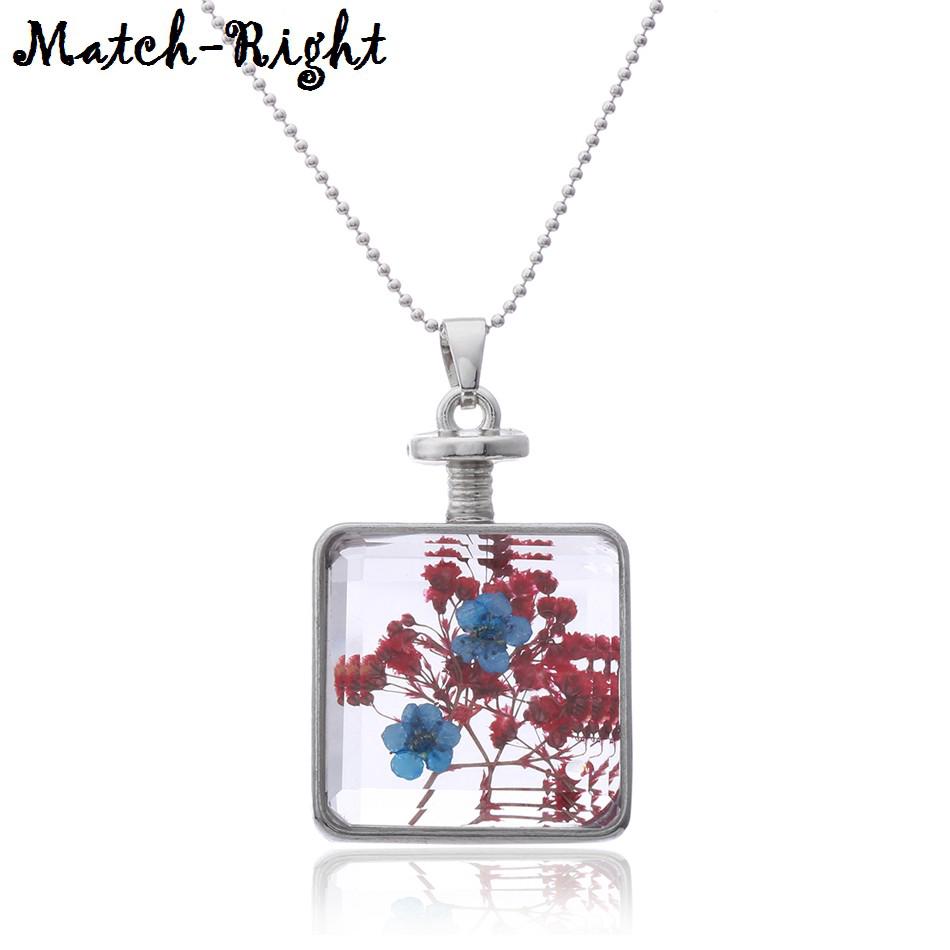 สร้อยคอดอกไม้ที่มีสีสันย้อนยุค Statement Necklace Colorful Dried Flowers Square Geometry Style Necklaces