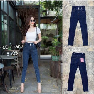 G.D.Jeans รุ่น 8505#กางเกงยีนส์แฟชั่นผ้ายืดฮ่องกงสีเข้มทรงเรียบเอวสูงเล่นดีเทลสายเข็มขัดข้างขอบเอวกางเกง