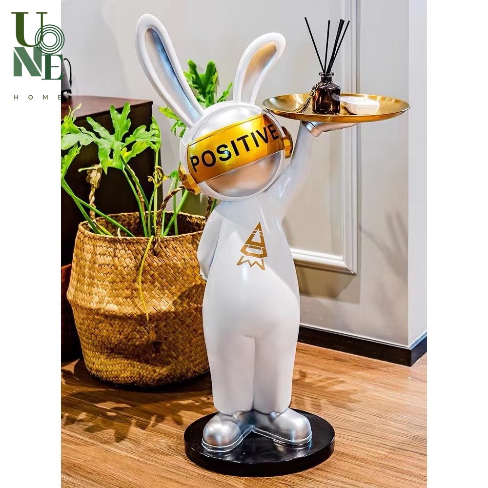 UoneHome พร้อมส่ง H008 ของแต่งบ้าน กระต่ายหูยาวถือถาด สไตล์โมเดิร์น ตุ๊กตาเรซิน ขนาดใหญ่ สำหรับตกแต่งบ้าน สำนักงาน