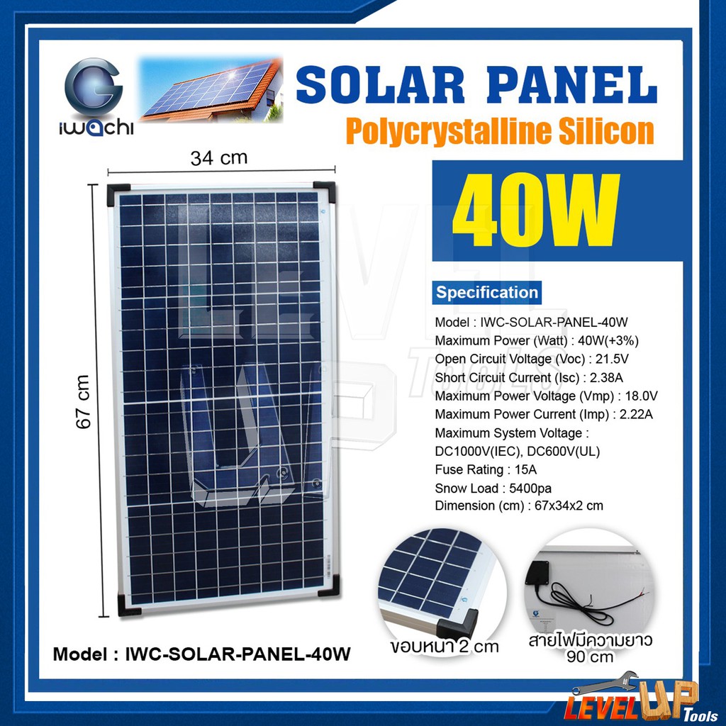 แผงโซล่าเซลล์ Solar Panel แผงโซล่า IWACHI แผงโซล่าเซลล์ IWC-SOLAR-PANEL-40W พลังงานแสงอาทิตย์ กำลังไฟ 40 วัตต์