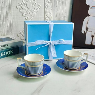 Wedgwood Home Gold Powder Time vertical pattern Coffee Cup and saucer gift Box 2 cups 2 dishes